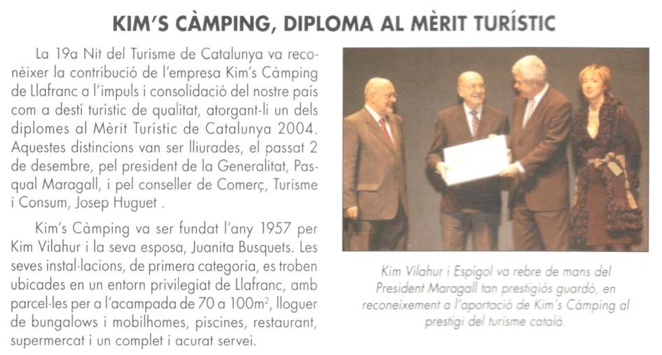 Diploma al Mérito Turístico 2004 - Galardón distinguido para el Kim's Camping