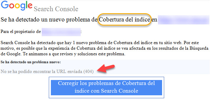 Email de notificación de errores de cobertura de índice en la Consola de Búsqueda de Google